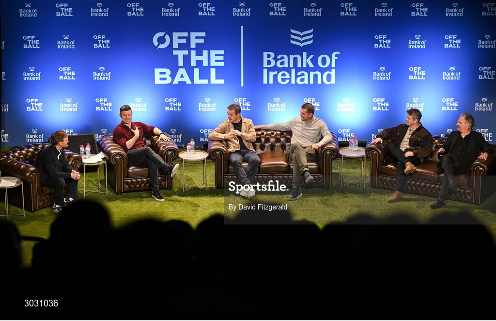29 January 2025; Pictured are, from left, presenter Eoin Sheahan, former Ireland and Leinster rugby player Brian O'Driscoll, former England rugby player Austin Healey, former Ireland and Munster rugby player Alan Quinlan, former Leinster rugby player Andy Dunne and journalist Gerry Thornley during a special Off the Ball Roadshow event at the Olympia Theatre in Dublin. Photo by David Fitzgerald/Sportsfile