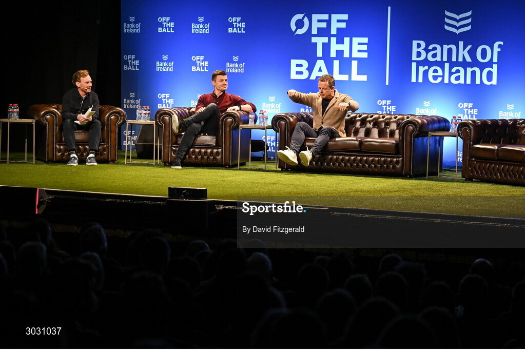 29 January 2025; Former Ireland and Leinster rugby player Brian O'Driscoll, centre, former England rugby player Austin Healey, right, and presenter Eoin Sheahan during a special Off the Ball Roadshow event at the Olympia Theatre in Dublin. Photo by David Fitzgerald/Sportsfile