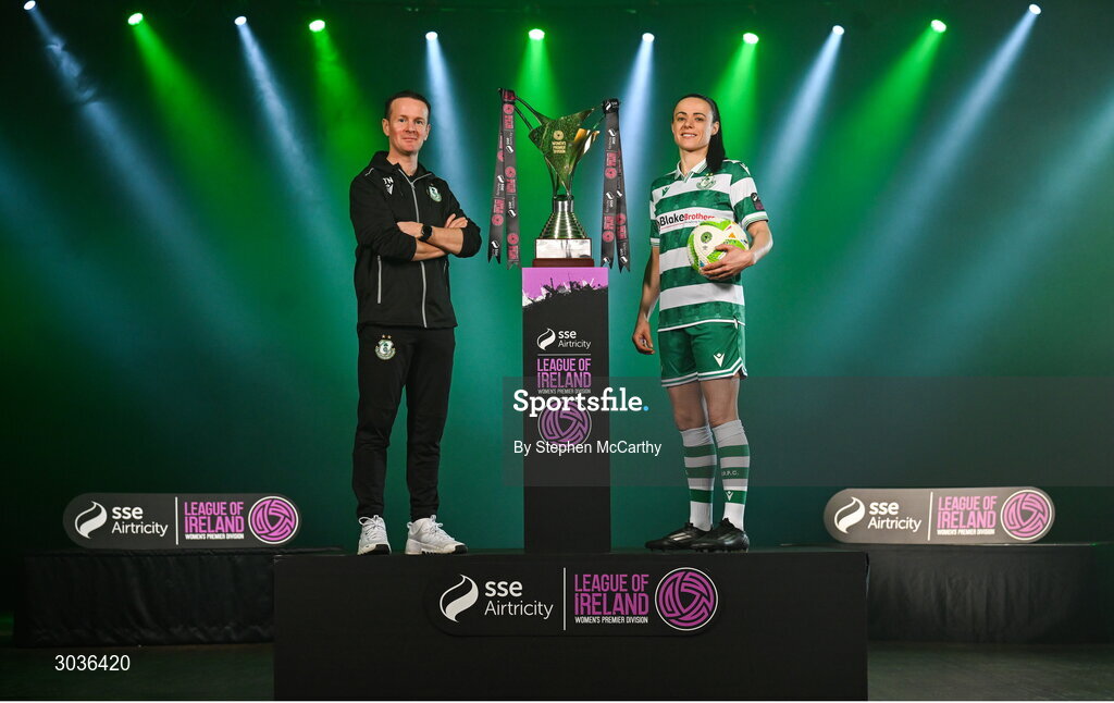 5 February 2025; Shamrock Rovers manager Collie O'Neill and Aine O'Gorman of Shamrock Rovers during the SSE Airtricity Men’s Premier Division, SSE Airtricity Men’s First Division and SSE Airtricity Women’s Premier Division Launch 2025 at Mansion House in Dublin. Photo by Stephen McCarthy/Sportsfile