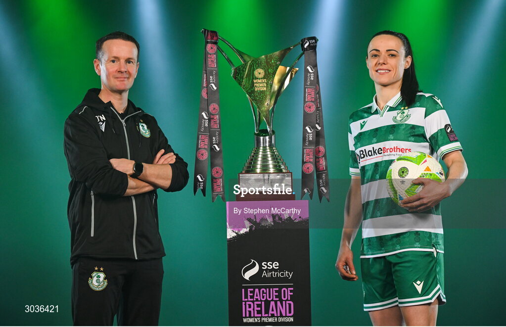 5 February 2025; Shamrock Rovers manager Collie O'Neill and Aine O'Gorman of Shamrock Rovers during the SSE Airtricity Men’s Premier Division, SSE Airtricity Men’s First Division and SSE Airtricity Women’s Premier Division Launch 2025 at Mansion House in Dublin. Photo by Stephen McCarthy/Sportsfile