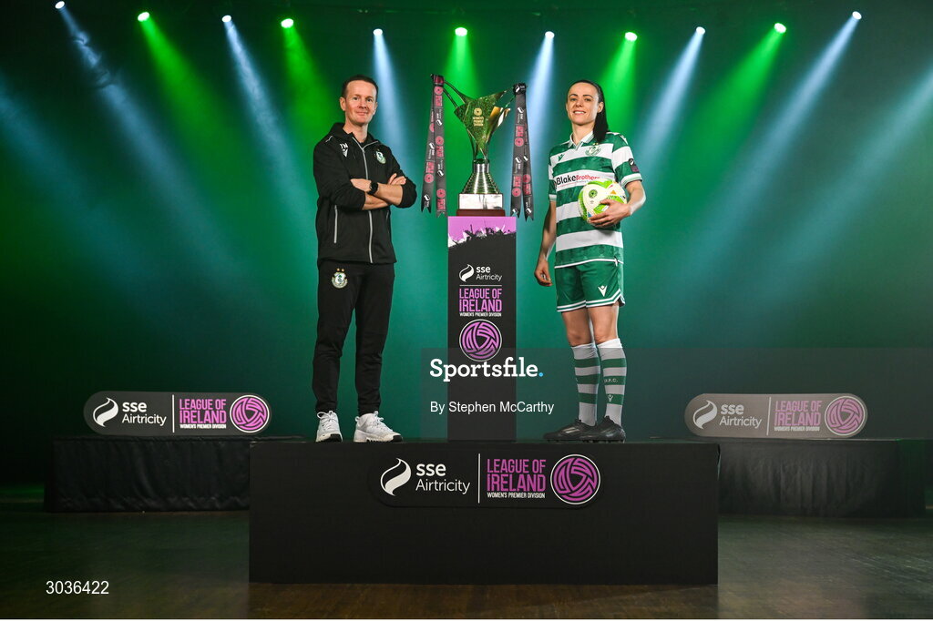5 February 2025; Shamrock Rovers manager Collie O'Neill and Aine O'Gorman of Shamrock Rovers during the SSE Airtricity Men’s Premier Division, SSE Airtricity Men’s First Division and SSE Airtricity Women’s Premier Division Launch 2025 at Mansion House in Dublin. Photo by Stephen McCarthy/Sportsfile