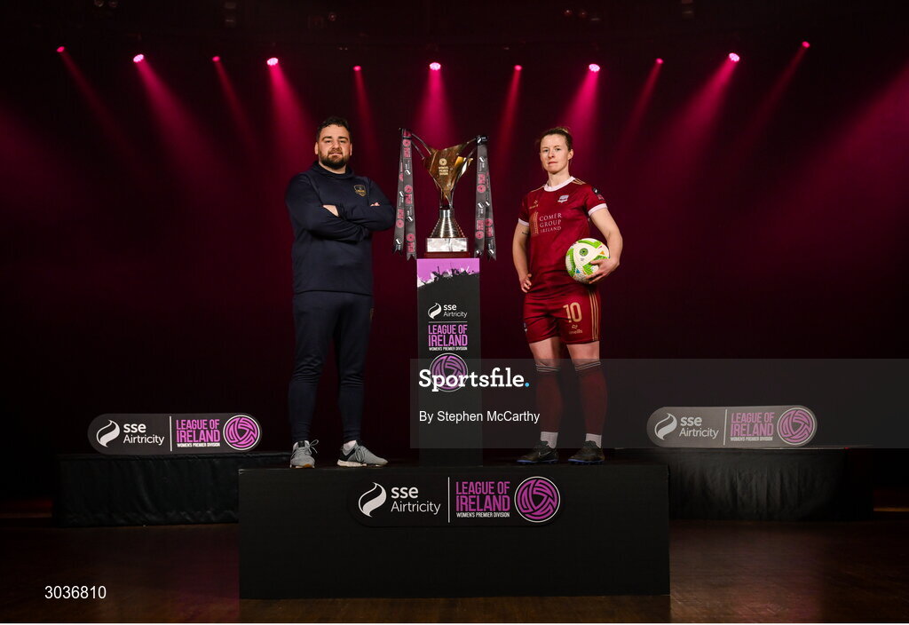 5 February 2025; Galway United manager Phil Trill and Lynsey McKey of Galway United during the SSE Airtricity Men’s Premier Division, SSE Airtricity Men’s First Division and SSE Airtricity Women’s Premier Division Launch 2025 at Mansion House in Dublin. Photo by Stephen McCarthy/Sportsfile