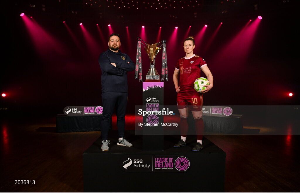 5 February 2025; Galway United manager Phil Trill and Lynsey McKey of Galway United during the SSE Airtricity Men’s Premier Division, SSE Airtricity Men’s First Division and SSE Airtricity Women’s Premier Division Launch 2025 at Mansion House in Dublin. Photo by Stephen McCarthy/Sportsfile