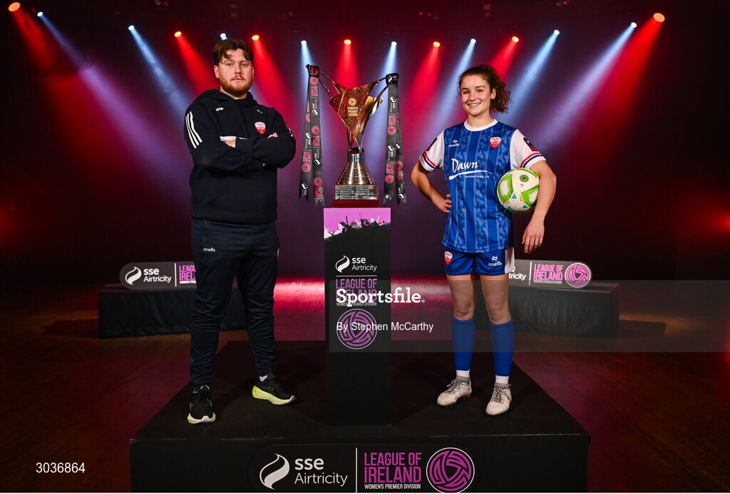5 February 2025; Treaty United manager Sean Russell and Jillian O'Toole of Treaty United during the SSE Airtricity Men’s Premier Division, SSE Airtricity Men’s First Division and SSE Airtricity Women’s Premier Division Launch 2025 at Mansion House in Dublin. Photo by Stephen McCarthy/Sportsfile