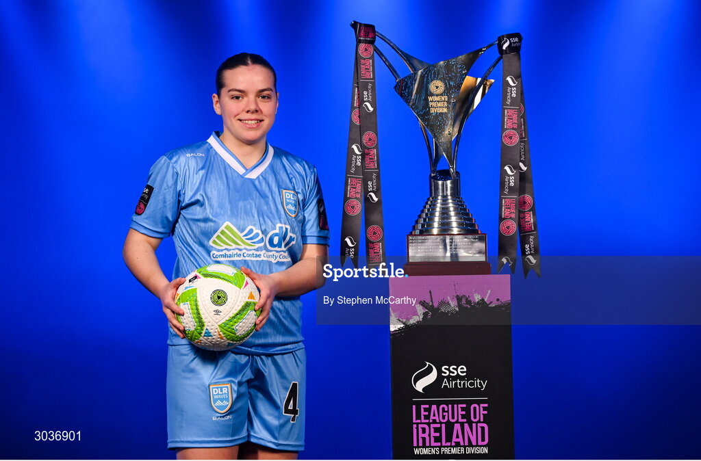 5 February 2025; Keelin Dodd of DLR Waves during the SSE Airtricity Men’s Premier Division, SSE Airtricity Men’s First Division and SSE Airtricity Women’s Premier Division Launch 2025 at Mansion House in Dublin. Photo by Stephen McCarthy/Sportsfile
