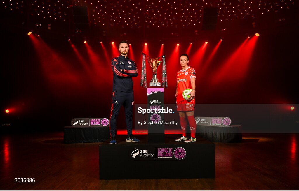 5 February 2025; Shelbourne manager Eoin Wearen and Pearl Slattery of Shelbourne during the SSE Airtricity Men’s Premier Division, SSE Airtricity Men’s First Division and SSE Airtricity Women’s Premier Division Launch 2025 at Mansion House in Dublin. Photo by Stephen McCarthy/Sportsfile