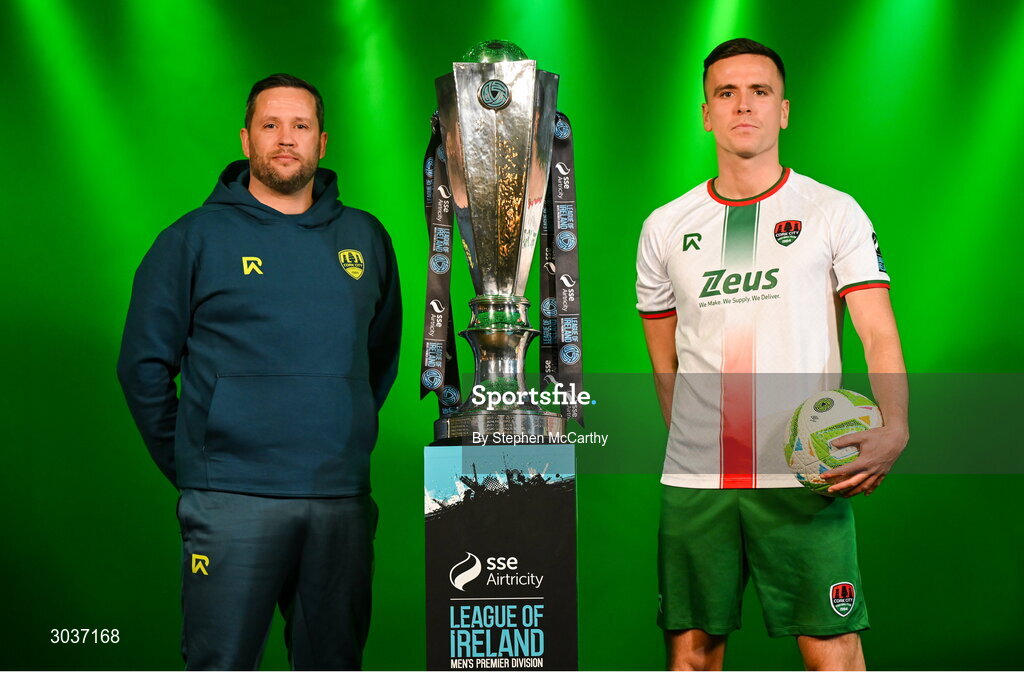 5 February 2025; Cork City manager Tim Clancy and Charlie Lyons of Cork City during the SSE Airtricity Men’s Premier Division, SSE Airtricity Men’s First Division and SSE Airtricity Women’s Premier Division Launch 2025 at Mansion House in Dublin. Photo by Stephen McCarthy/Sportsfile