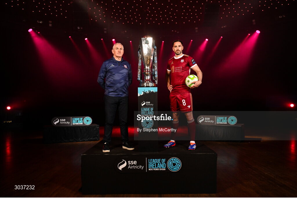5 February 2025; Galway United manager John Caulfield and Greg Cunningham of Galway United during the SSE Airtricity Men’s Premier Division, SSE Airtricity Men’s First Division and SSE Airtricity Women’s Premier Division Launch 2025 at Mansion House in Dublin. Photo by Stephen McCarthy/Sportsfile