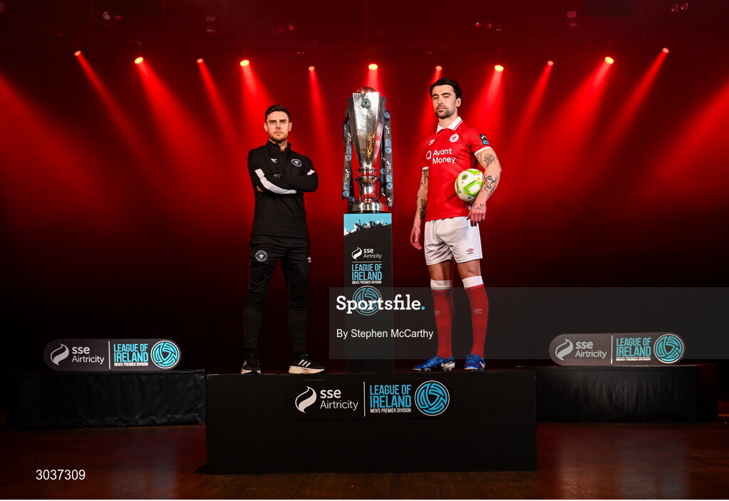5 February 2025; Sligo Rovers manager John Russell and John Mahon of Sligo Rovers during the SSE Airtricity Men’s Premier Division, SSE Airtricity Men’s First Division and SSE Airtricity Women’s Premier Division Launch 2025 at Mansion House in Dublin. Photo by Stephen McCarthy/Sportsfile