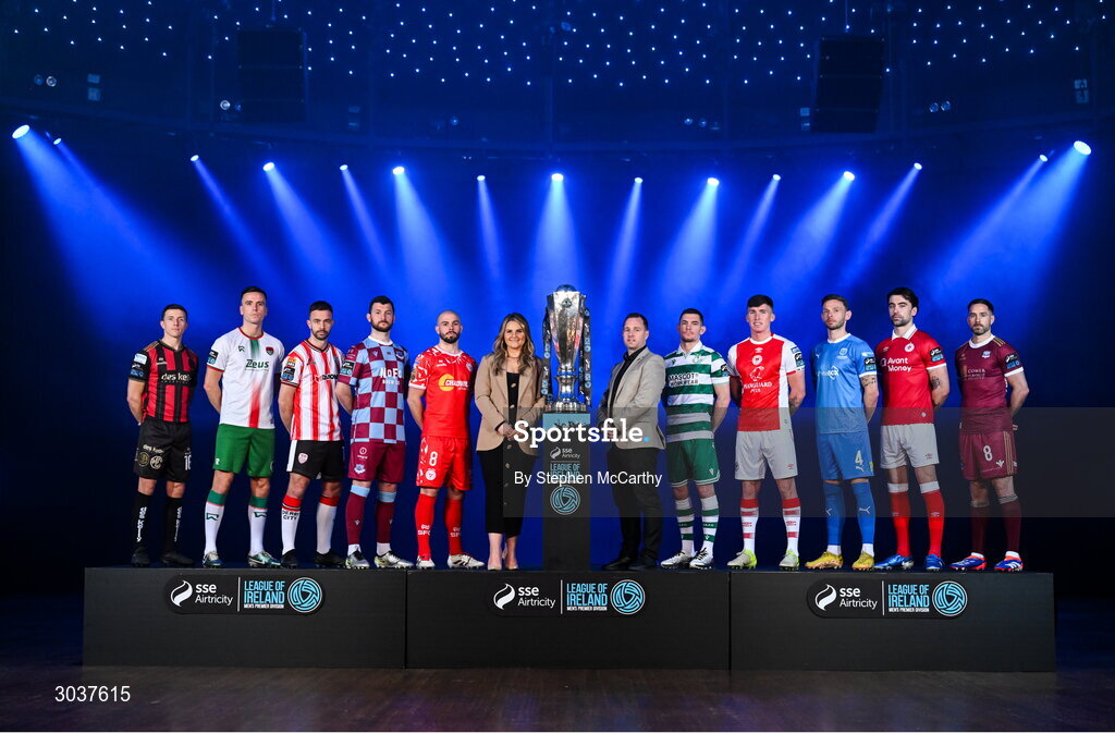 5 February 2025; League of Ireland director Mark Scanlon and Ashley Morrow, head of brand, advertising and sponsorship at SSE Airtricity; with SSE Airtricity Men’s Premier Division players, from left, Keith Buckley of Bohemians, Charlie Lyons of Cork City, Robbie Benson of Derry City, Ryan Brennan of Drogheda United, Mark Coyle of Shelbourne, Trevor Clarke of Shamrock Rovers, Joe Redmond of St Patrick's Athletic, Andy Boyle of Waterford, John Mahon of Sligo Rovers and Greg Cunningham of Galway United during the SSE Airtricity Men’s Premier Division, SSE Airtricity Men’s First Division and SSE Airtricity Women’s Premier Division Launch 2025 at Mansion House in Dublin. Photo by Stephen McCarthy/Sportsfile