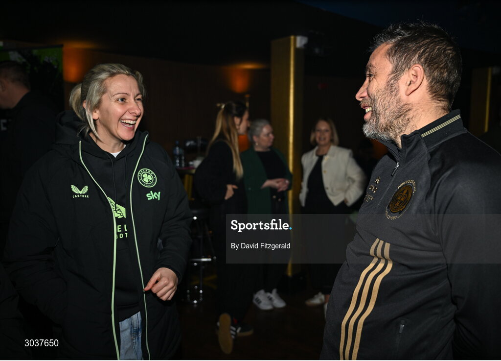 5 February 2025; Republic of Ireland women's national team manager Carla Ward with Bohemians women manager Alban Hysa during the SSE Airtricity Men’s Premier Division, SSE Airtricity Men’s First Division and SSE Airtricity Women’s Premier Division Launch 2025 at Mansion House in Dublin. Photo by David Fitzgerald/Sportsfile
