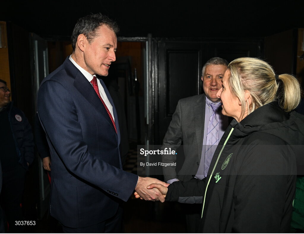 5 February 2025; Minister of State at the Department of Tourism, Culture, Arts, Gaeltacht, Sport and Media with special responsibility for Sport and Postal Policy Charlie McConalogue TD, with Republic of Ireland women's national team manager Carla Ward during the SSE Airtricity Men’s Premier Division, SSE Airtricity Men’s First Division and SSE Airtricity Women’s Premier Division Launch 2025 at Mansion House in Dublin. Photo by David Fitzgerald/Sportsfile