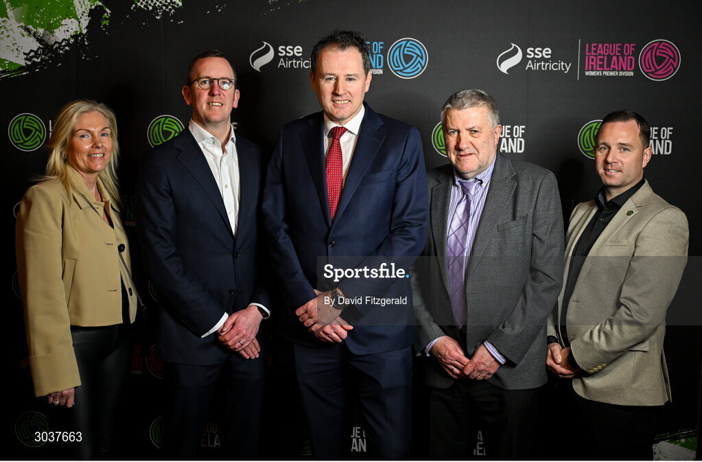 5 February 2025; Minister of State at the Department of Tourism, Culture, Arts, Gaeltacht, Sport and Media with special responsibility for Sport and Postal Policy Charlie McConalogue TD with, from left, FAI board member Caroline Rhatigan, FAI chief executive David Courell, FAI president Paul Cooke and League of Ireland director Mark Scanlon during the SSE Airtricity Men’s Premier Division, SSE Airtricity Men’s First Division and SSE Airtricity Women’s Premier Division Launch 2025 at Mansion House in Dublin. Photo by David Fitzgerald/Sportsfile