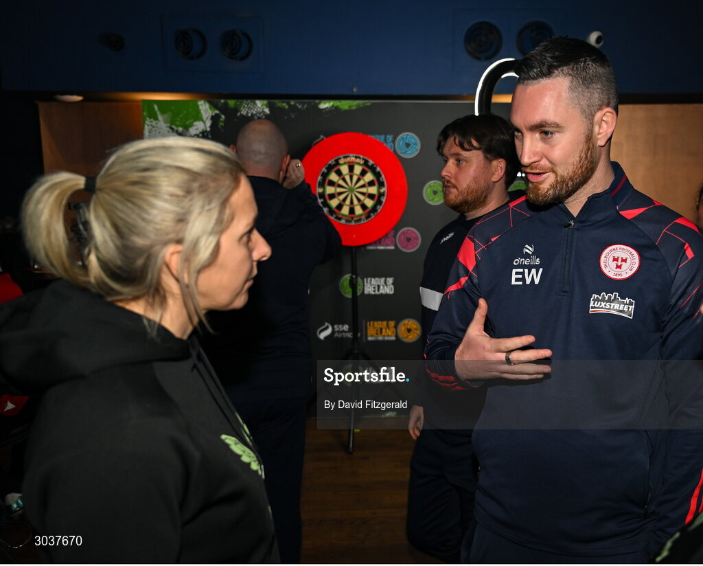 5 February 2025; Republic of Ireland women's national team manager Carla Ward with Shelbourne womens manager Eoin Wearen during the SSE Airtricity Men’s Premier Division, SSE Airtricity Men’s First Division and SSE Airtricity Women’s Premier Division Launch 2025 at Mansion House in Dublin. Photo by David Fitzgerald/Sportsfile