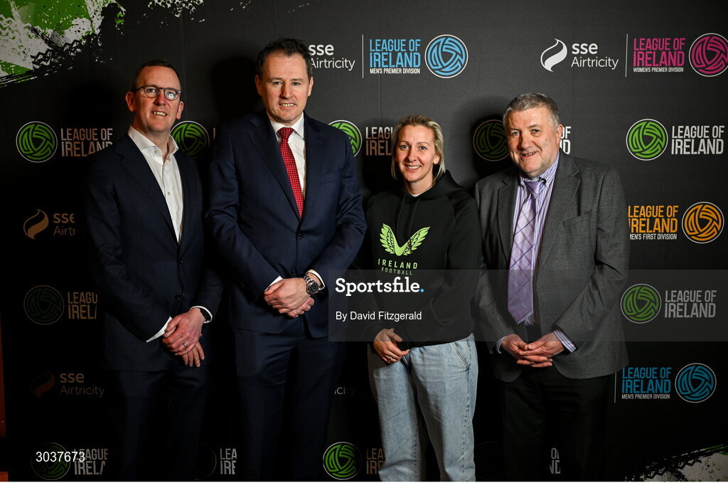 5 February 2025; Minister of State at the Department of Tourism, Culture, Arts, Gaeltacht, Sport and Media with special responsibility for Sport and Postal Policy Charlie McConalogue TD, centre, with FAI chief executive David Courell, left, FAI president Paul Cooke and Republic of Ireland women's national team manager Carla Ward during the SSE Airtricity Men’s Premier Division, SSE Airtricity Men’s First Division and SSE Airtricity Women’s Premier Division Launch 2025 at Mansion House in Dublin. Photo by David Fitzgerald/Sportsfile