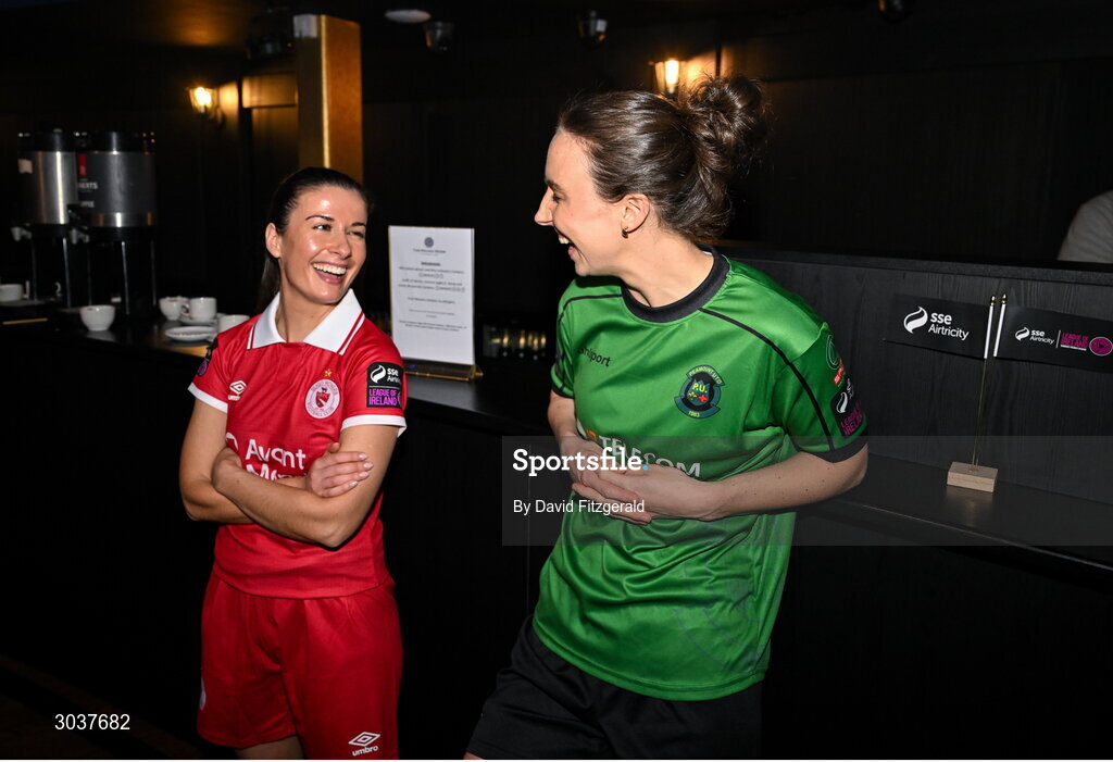 5 February 2025; Karen Duggan of Peamount United and Eimear Lafferty of Sligo Rovers, left, during the SSE Airtricity Men’s Premier Division, SSE Airtricity Men’s First Division and SSE Airtricity Women’s Premier Division Launch 2025 at Mansion House in Dublin. Photo by David Fitzgerald/Sportsfile