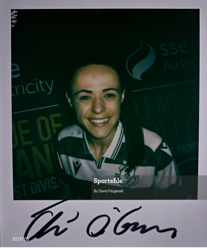 5 February 2025; A polaroid photo of Aine O'Gorman of Shamrock Rovers women during the SSE Airtricity Men’s Premier Division, SSE Airtricity Men’s First Division and SSE Airtricity Women’s Premier Division Launch 2025 at Mansion House in Dublin. Photo by David Fitzgerald/Sportsfile