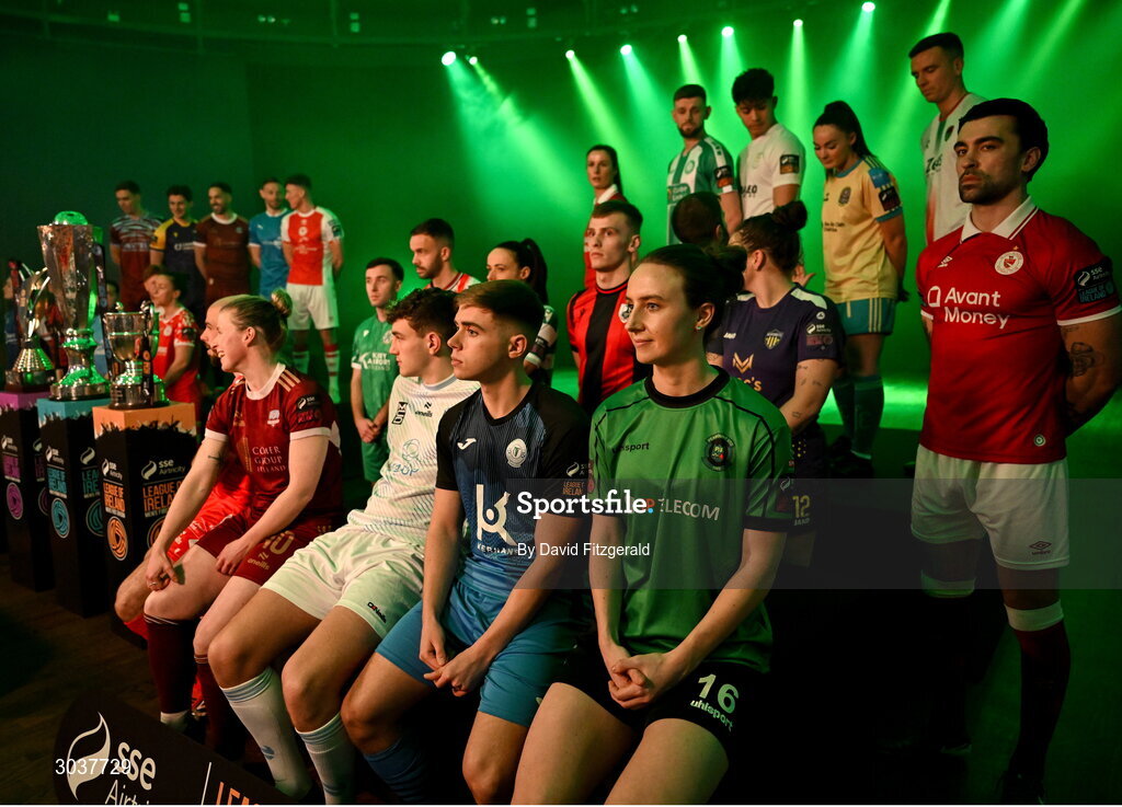 5 February 2025; Players from the three divisions during the SSE Airtricity Men’s Premier Division, SSE Airtricity Men’s First Division and SSE Airtricity Women’s Premier Division Launch 2025 at Mansion House in Dublin. Photo by David Fitzgerald/Sportsfile