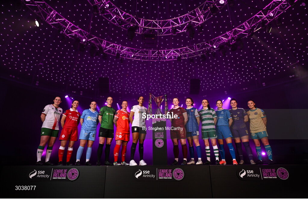5 February 2025; SSE Airtricity Women's Premier Division players, from left, Ciara McNamara of Cork City, Eimear Lafferty of Sligo Rovers, Keelin Dodd of DLR Waves, Karen Duggan of Peamount United, Pearl Slattery of Shelbourne, Izzy Groves of Athlone Town, Lynsey McKey of Galway United, Jillian O'Toole of Treaty United, Aine O'Gorman of Shamrock Rovers, Danielle Griffin of Waterford, Ciara Rossiter of Wexford and Rachel Kelly of Bohemians during the SSE Airtricity Men’s Premier Division, SSE Airtricity Men’s First Division and SSE Airtricity Women’s Premier Division Launch 2025 at Mansion House in Dublin. Photo by Stephen McCarthy/Sportsfile
