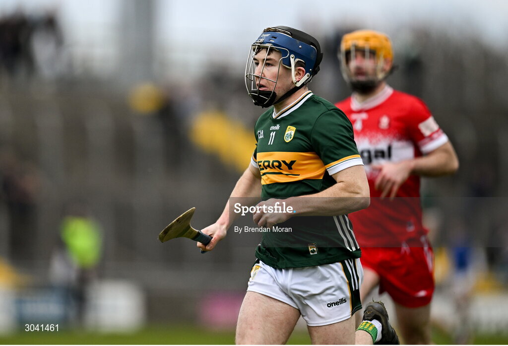 9 February 2025; Seán Brosnan of Kerry on the way to scoring his side's first goal during the Allianz Hurling League Division 2 match between Kerry and Derry at Austin Stack Park in Tralee, Kerry. Photo by Brendan Moran/Sportsfile