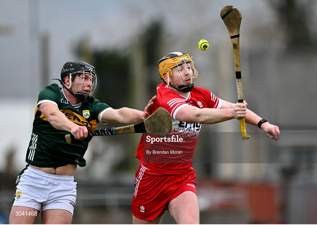 9 February 2025; Dara Kearney of Kerry and Shea Cassidy of Derry contest a dropping ball during the Allianz Hurling League Division 2 match between Kerry and Derry at Austin Stack Park in Tralee, Kerry. Photo by Brendan Moran/Sportsfile