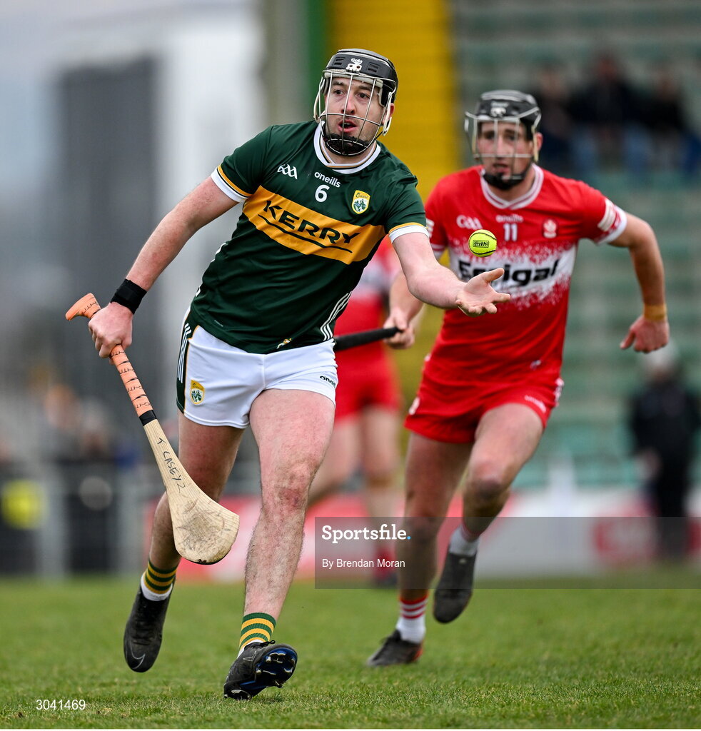 9 February 2025; Thomas Casey of Kerry in action against Meehaul McGrath of Derry during the Allianz Hurling League Division 2 match between Kerry and Derry at Austin Stack Park in Tralee, Kerry. Photo by Brendan Moran/Sportsfile