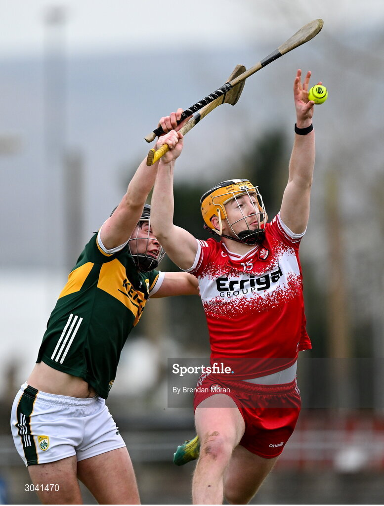 9 February 2025; Shea Cassidy of Derry and Dara Kearney of Kerry contest a dropping ball during the Allianz Hurling League Division 2 match between Kerry and Derry at Austin Stack Park in Tralee, Kerry. Photo by Brendan Moran/Sportsfile