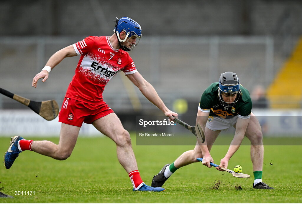 9 February 2025; Seán Brosnan of Kerry in action against Thomas Brady of Derry during the Allianz Hurling League Division 2 match between Kerry and Derry at Austin Stack Park in Tralee, Kerry. Photo by Brendan Moran/Sportsfile