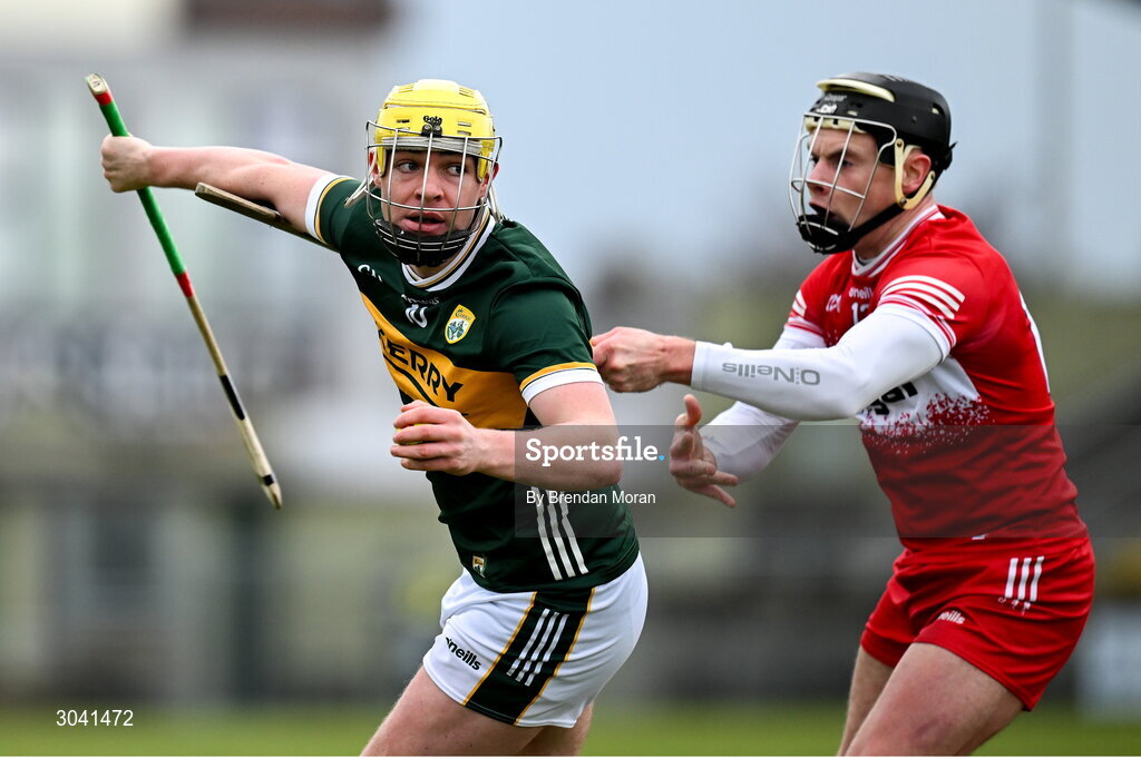 9 February 2025; Tom Doyle of Kerry in action against Deaghlan Foley of Derry during the Allianz Hurling League Division 2 match between Kerry and Derry at Austin Stack Park in Tralee, Kerry. Photo by Brendan Moran/Sportsfile