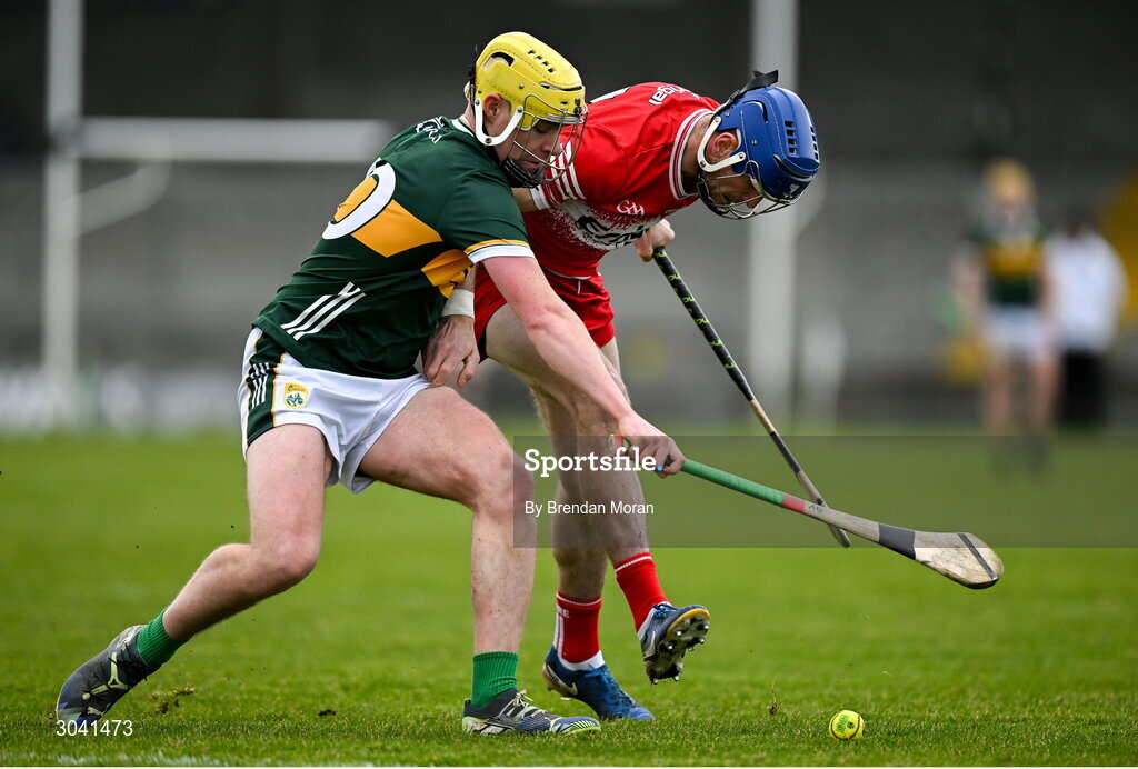 9 February 2025; Tom Doyle of Kerry in action against Thomas Brady of Derry during the Allianz Hurling League Division 2 match between Kerry and Derry at Austin Stack Park in Tralee, Kerry. Photo by Brendan Moran/Sportsfile