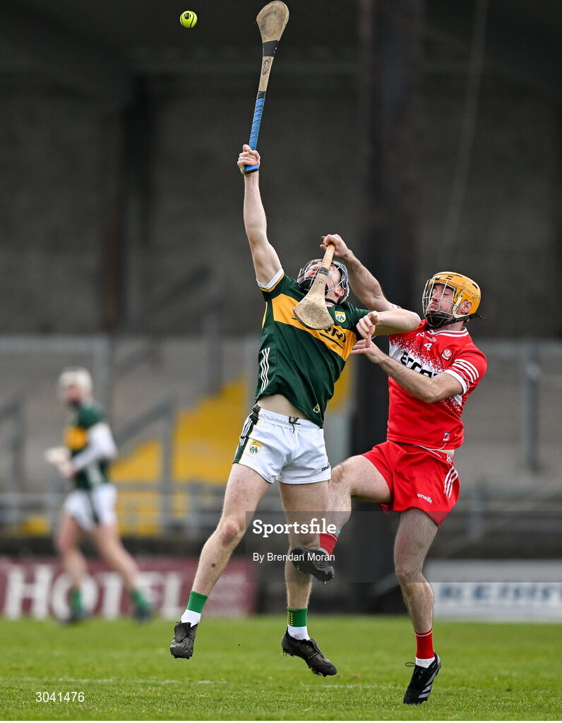 9 February 2025; Seán Brosnan of Kerry is tackled by Paddy Kelly of Derry during the Allianz Hurling League Division 2 match between Kerry and Derry at Austin Stack Park in Tralee, Kerry. Photo by Brendan Moran/Sportsfile