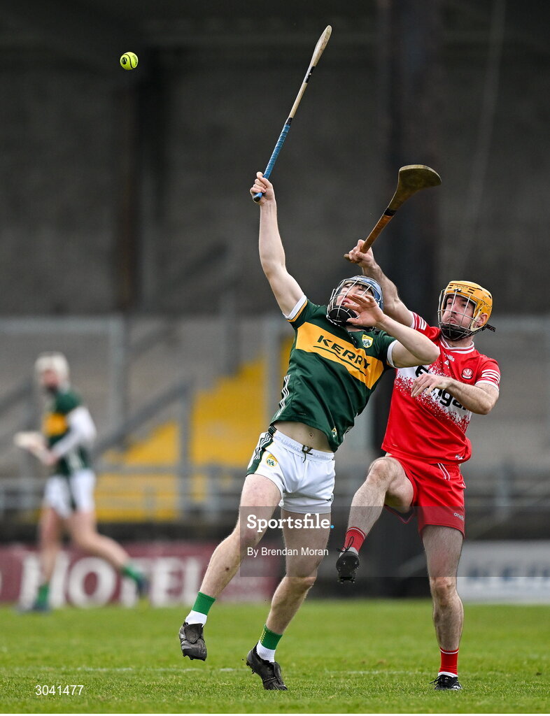 9 February 2025; Seán Brosnan of Kerry is tackled by Paddy Kelly of Derry during the Allianz Hurling League Division 2 match between Kerry and Derry at Austin Stack Park in Tralee, Kerry. Photo by Brendan Moran/Sportsfile