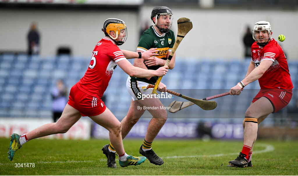 9 February 2025; Thomas Casey of Kerry in action against Shea Cassidy, left, and Christy McNaughton of Derry during the Allianz Hurling League Division 2 match between Kerry and Derry at Austin Stack Park in Tralee, Kerry. Photo by Brendan Moran/Sportsfile
