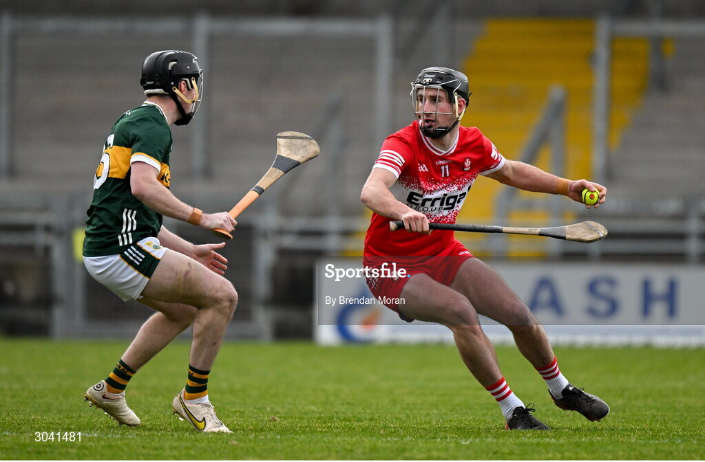9 February 2025; Meehaul McGrath of Derry in action against Shane Conway of Kerry during the Allianz Hurling League Division 2 match between Kerry and Derry at Austin Stack Park in Tralee, Kerry. Photo by Brendan Moran/Sportsfile