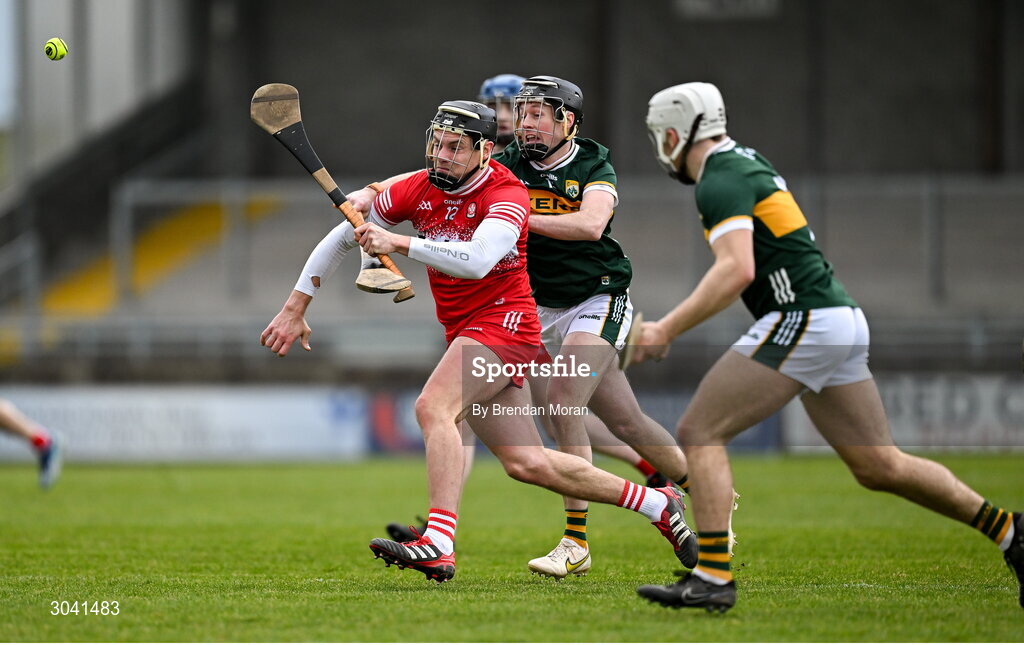 9 February 2025; Deaghlan Foley of Derry in action against Shane Conway of Kerry during the Allianz Hurling League Division 2 match between Kerry and Derry at Austin Stack Park in Tralee, Kerry. Photo by Brendan Moran/Sportsfile