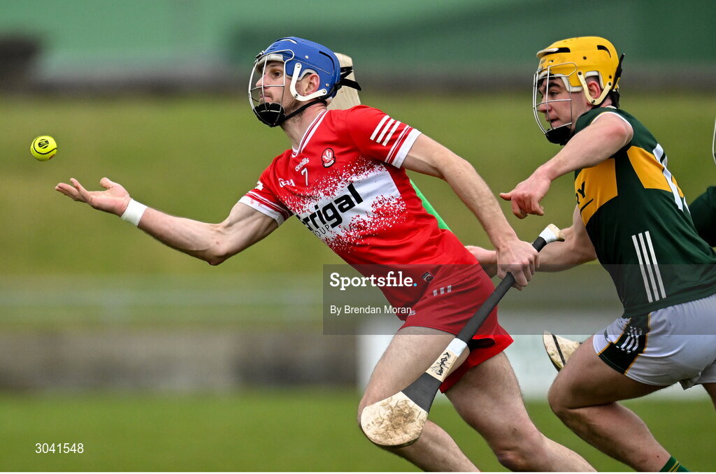 9 February 2025; Thomas Brady of Derry in action against Oisín Maunsell of Kerry during the Allianz Hurling League Division 2 match between Kerry and Derry at Austin Stack Park in Tralee, Kerry. Photo by Brendan Moran/Sportsfile