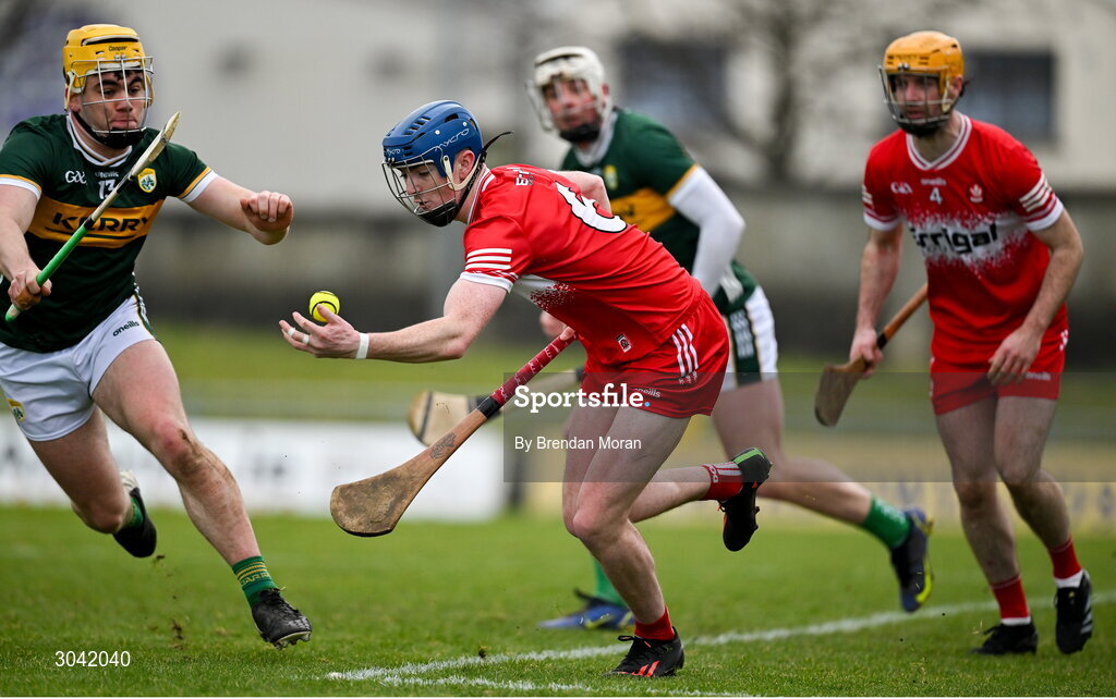 9 February 2025; Conor Coyle of Derry in action against Oisín Maunsell of Kerry during the Allianz Hurling League Division 2 match between Kerry and Derry at Austin Stack Park in Tralee, Kerry. Photo by Brendan Moran/Sportsfile