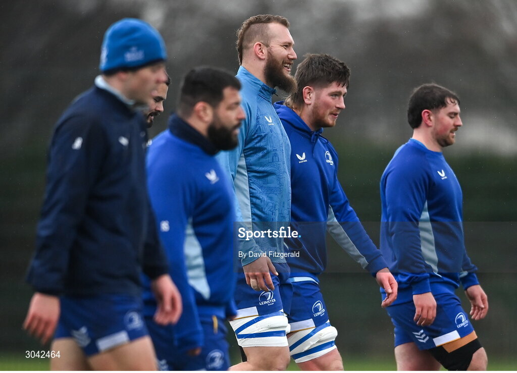 10 February 2025; RG Snyman and Joe McCarthy during Leinster Rugby squad training at UCD in Dublin. Photo by David Fitzgerald/Sportsfile
