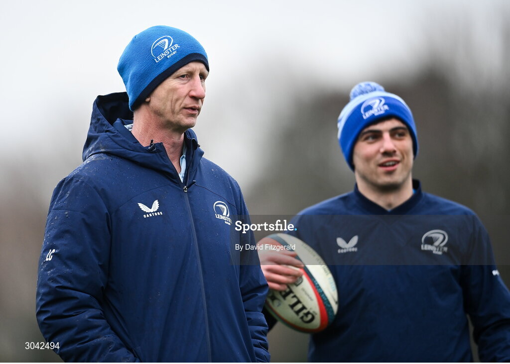 10 February 2025; Head coach Leo Cullen and Jimmy O'Brien during Leinster Rugby squad training at UCD in Dublin. Photo by David Fitzgerald/Sportsfile