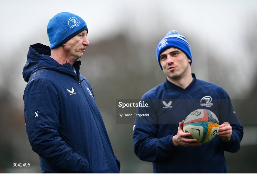 10 February 2025; Head coach Leo Cullen and Jimmy O'Brien during Leinster Rugby squad training at UCD in Dublin. Photo by David Fitzgerald/Sportsfile