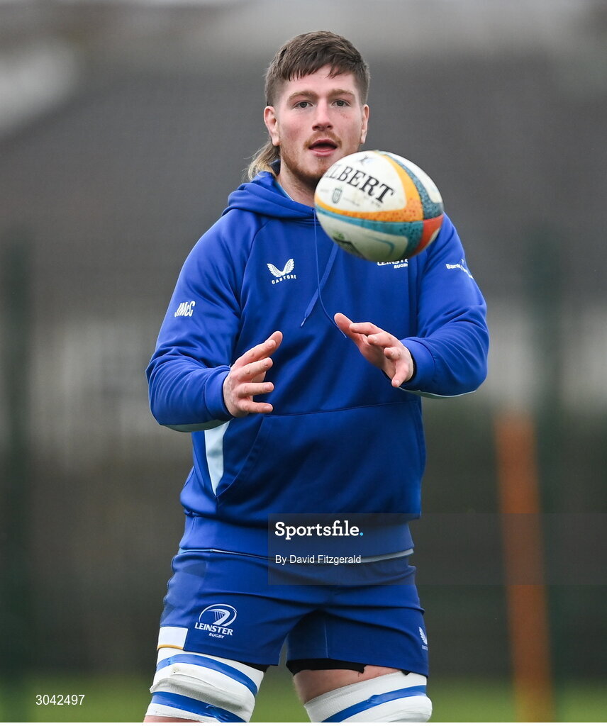 10 February 2025; Joe McCarthy during Leinster Rugby squad training at UCD in Dublin. Photo by David Fitzgerald/Sportsfile