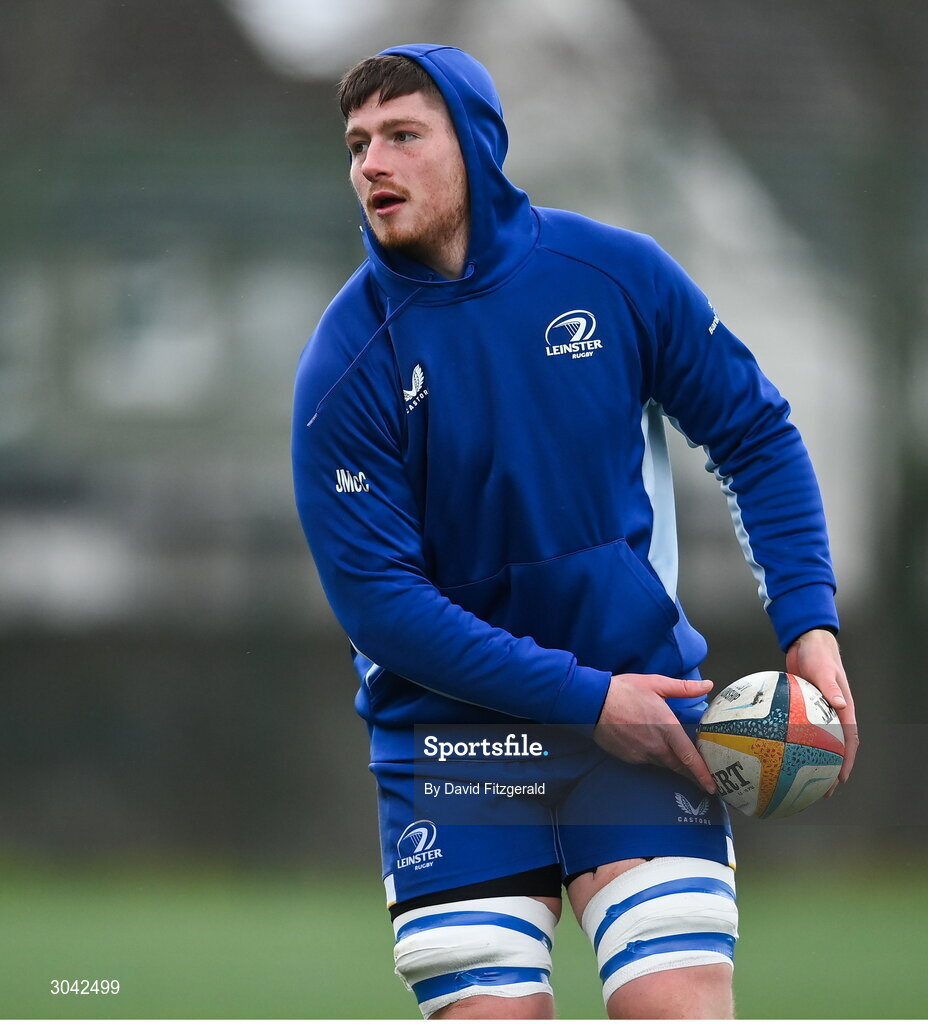 10 February 2025; Joe McCarthy during Leinster Rugby squad training at UCD in Dublin. Photo by David Fitzgerald/Sportsfile