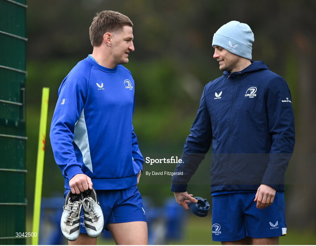 10 February 2025; Jordie Barrett, left, and Ross Byrne during Leinster Rugby squad training at UCD in Dublin. Photo by David Fitzgerald/Sportsfile