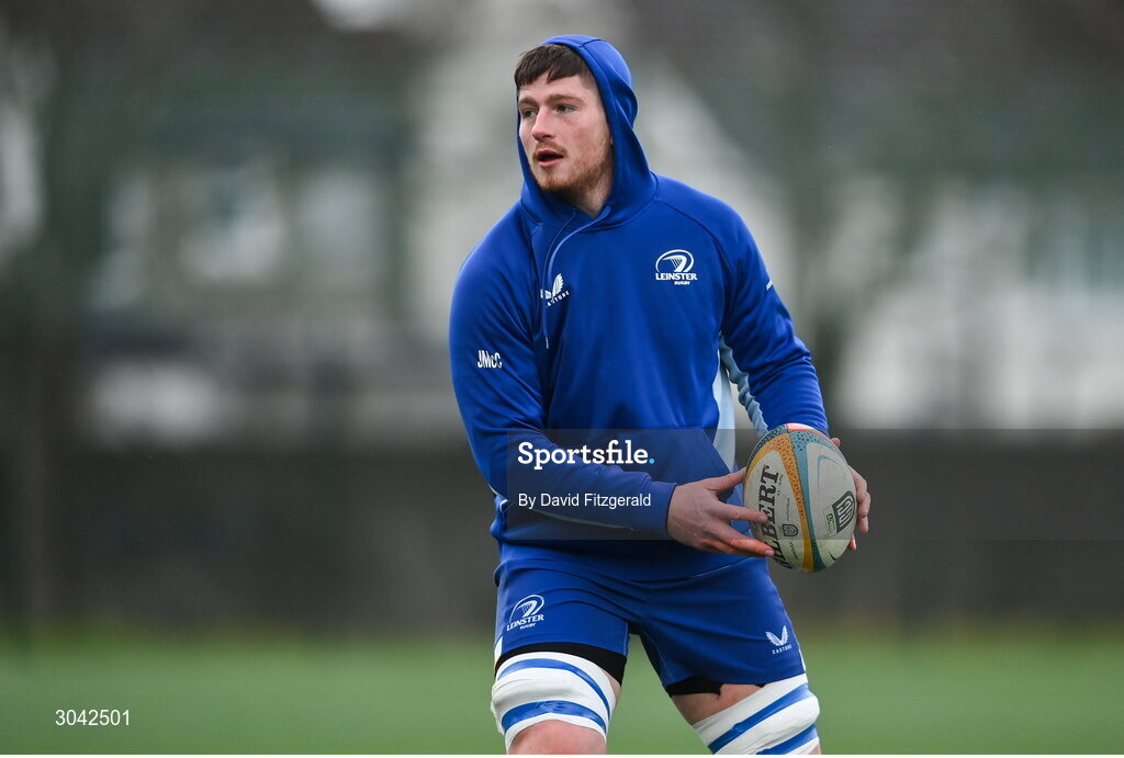 10 February 2025; Joe McCarthy during Leinster Rugby squad training at UCD in Dublin. Photo by David Fitzgerald/Sportsfile