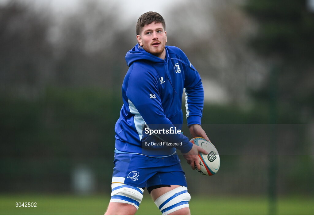 10 February 2025; Joe McCarthy during Leinster Rugby squad training at UCD in Dublin. Photo by David Fitzgerald/Sportsfile