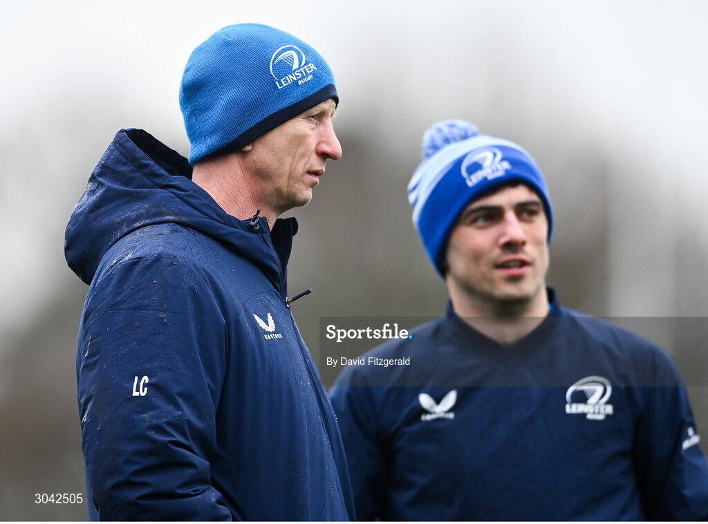 10 February 2025; Head coach Leo Cullen and Jimmy O'Brien during Leinster Rugby squad training at UCD in Dublin. Photo by David Fitzgerald/Sportsfile