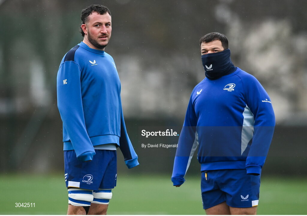 10 February 2025; Will Connors, left, and Rabah Slimani during Leinster Rugby squad training at UCD in Dublin. Photo by David Fitzgerald/Sportsfile