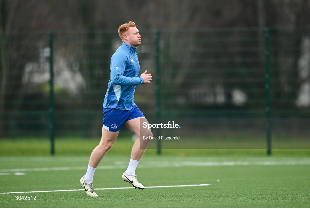 10 February 2025; Ciarán Frawley during Leinster Rugby squad training at UCD in Dublin. Photo by David Fitzgerald/Sportsfile