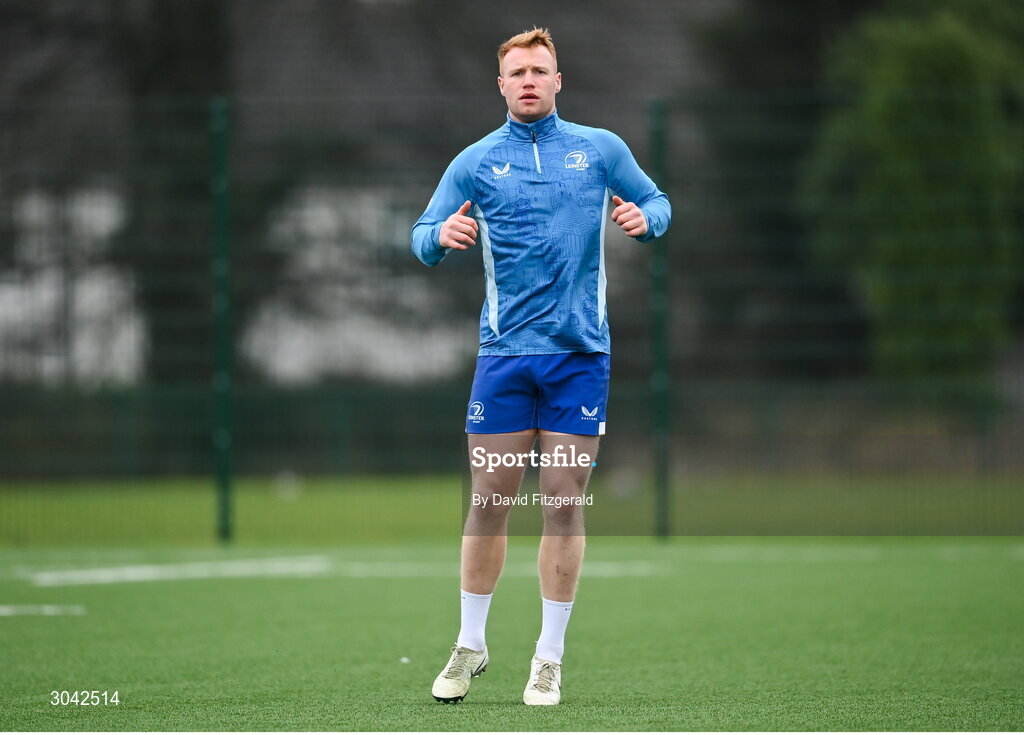 10 February 2025; Ciarán Frawley during Leinster Rugby squad training at UCD in Dublin. Photo by David Fitzgerald/Sportsfile