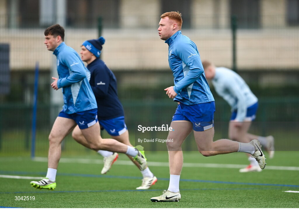 10 February 2025; Ciarán Frawley during Leinster Rugby squad training at UCD in Dublin. Photo by David Fitzgerald/Sportsfile